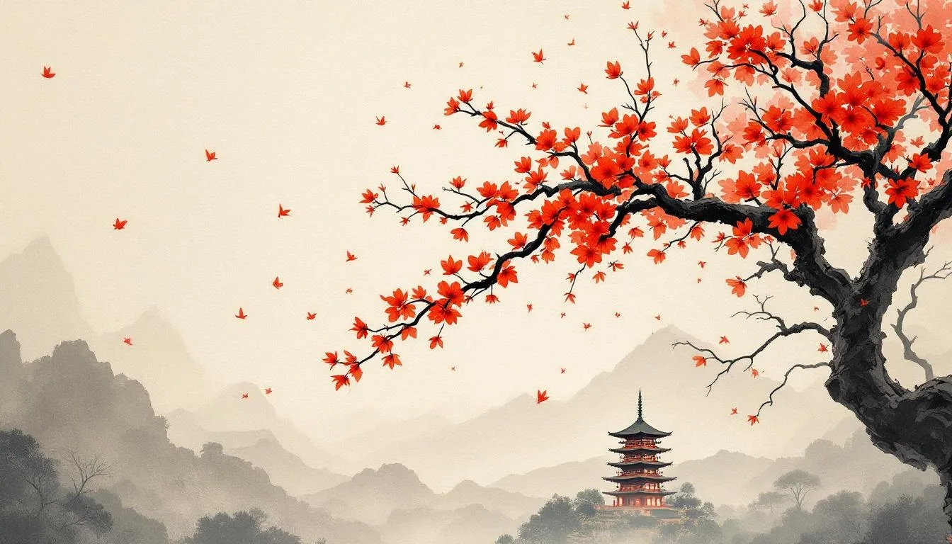 japanese plum blossom with pagoda and mountains in the distance